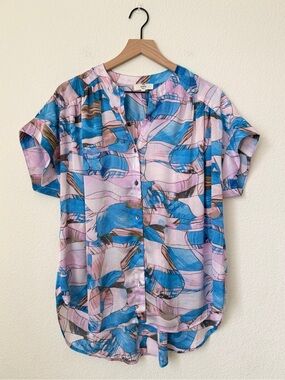 Entro Abstract Button Up Short Sleeve Blouse Size Large